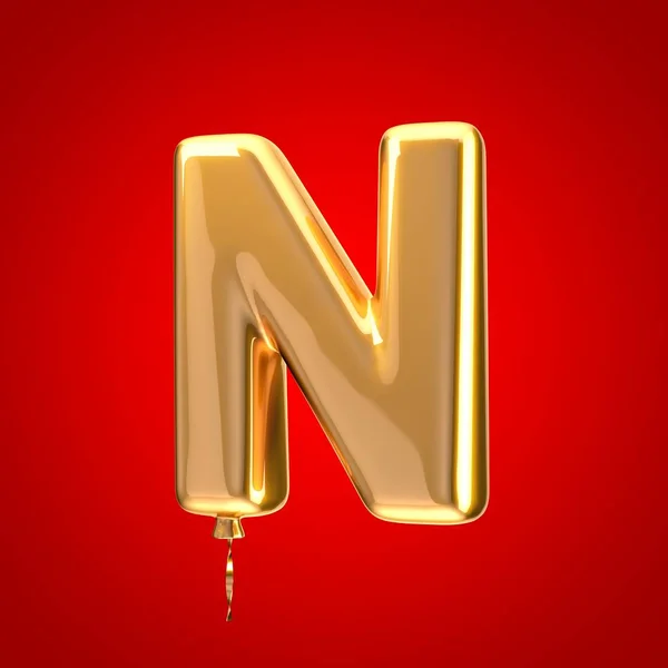 金色气球字体字母N大写字母 3D表示字母在红色背景上孤立 结婚周年纪念日 生日派对 庆祝会 — 图库照片