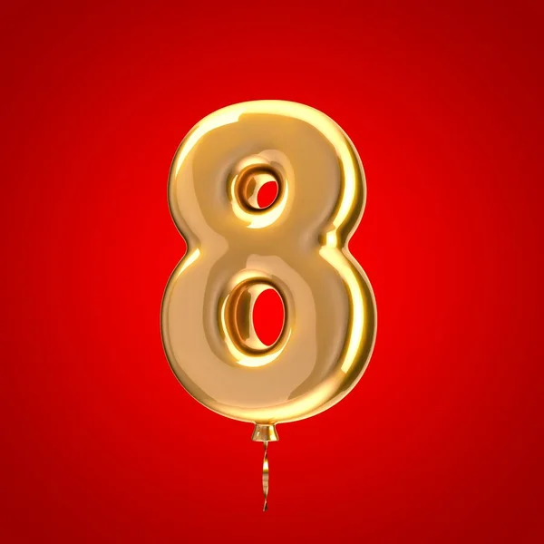 8号金色气球字体 3D表示字母在红色背景上孤立 结婚周年纪念日 生日派对 庆祝会 — 图库照片