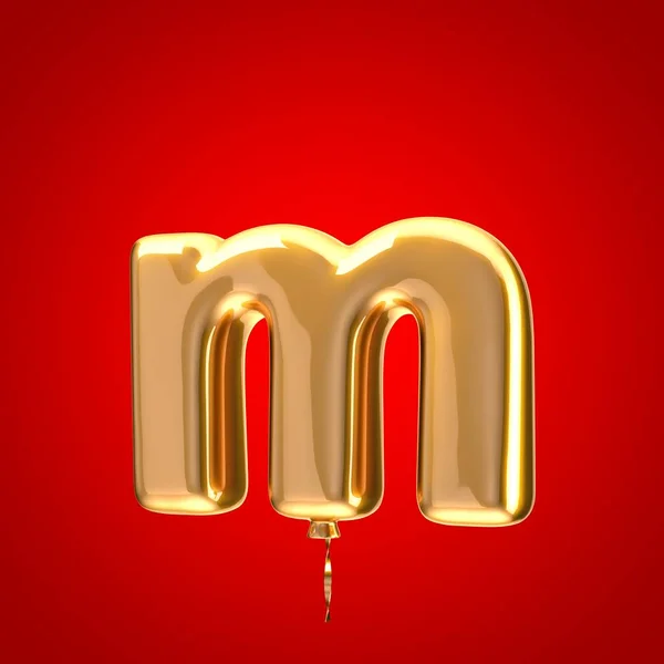 Gold balloon font letter M lowercase. 3D rendered alphabet isolated on red background. Best for anniversary, birthday party, celebration.