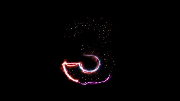 Fogo quente elétrico número 3 revelar com brilhantes partículas de luz no fundo preto — Vídeo de Stock