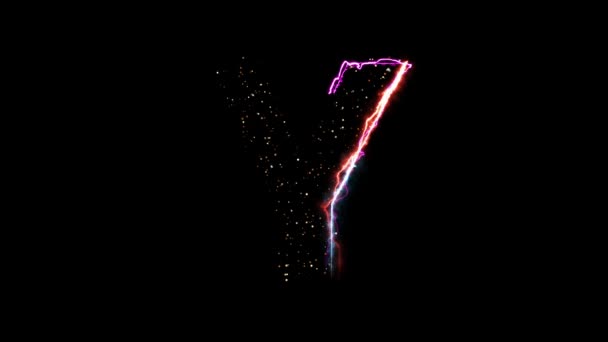 Elektrisk varm eld bokstav Y avslöja med glittrande ljus partiklar på svart bakgrund — Stockvideo