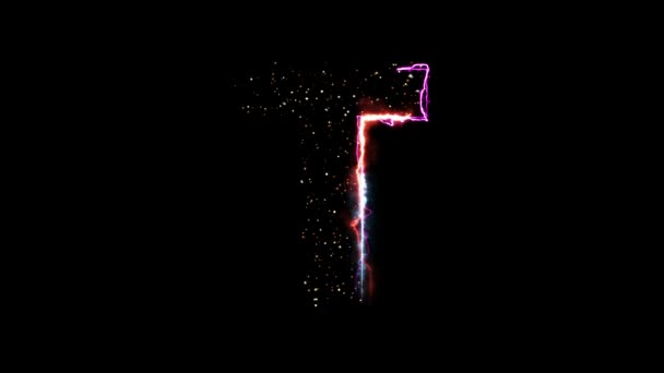 Електрична гаряча пожежна літера T показує з блискучими світловими частинками на чорному тлі — стокове відео