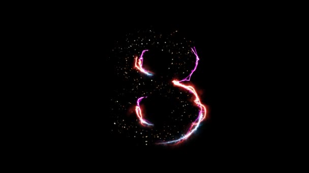 Electric hot fire number 8 reveal with glittering light particles on black background — 비디오