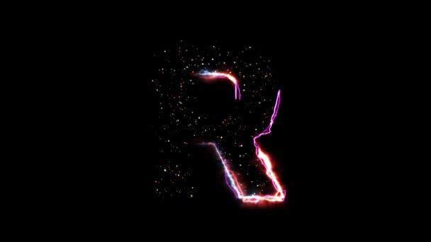 Elektrisk het eld bokstav R avslöja med glittrande ljus partiklar på svart bakgrund — Stockvideo