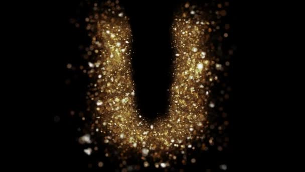 Golden Particles Letter Fly Camera Gold Glittering Alphabet Reveal — Stockvideo