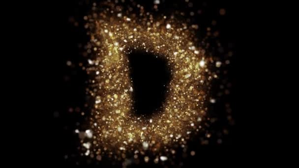 Las Partículas Doradas Letra Vuelan Cámara Oro Brillante Alfabeto Revelan — Vídeo de stock