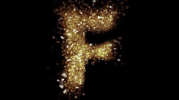 Goldene Teilchen Buchstabe Fliegen Die Kamera Goldglitzerndes Alphabet Enthüllt — Stockvideo