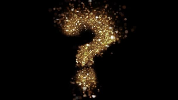 黄金の粒子の質問のシンボルカメラに飛ぶ 金色の輝くアルファベットが明らかに — ストック動画