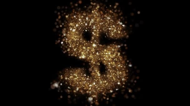 Golden Particles Dollar Symbol Fly Camera Gold Glittering Alphabet Reveal — Stok video