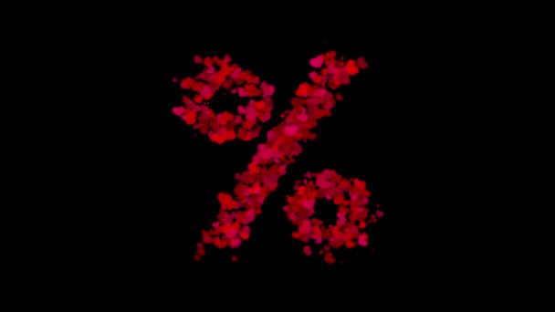 Percent Symbol Made Red Hearts Reveals Center Fades Away Wind — Stock Video