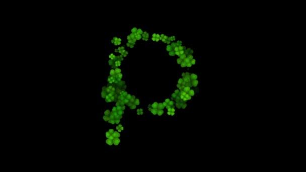 Clover letra P minúscula revelar no fundo preto — Vídeo de Stock