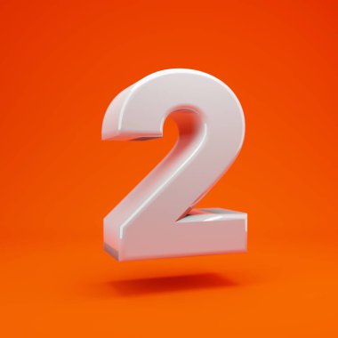 White glossy 3d number 2 on hot orange background. Best for anniversary, birthday party, celebration. clipart