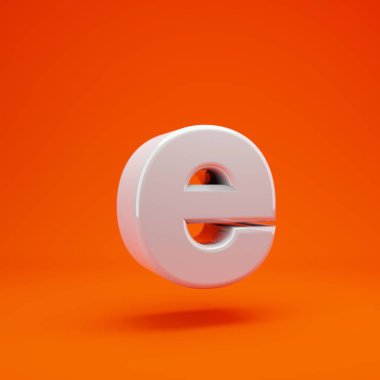 Beyaz parlak 3D harf. Küçük E harfi, sıcak turuncu arka planda. Yıldönümü için en iyisi, doğum günü partisi, kutlama.