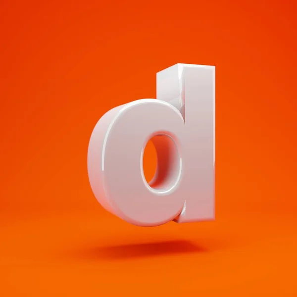 白色光滑的3D字母D小写在炽热的橙色背景下 结婚周年纪念日 生日派对 庆祝会 — 图库照片