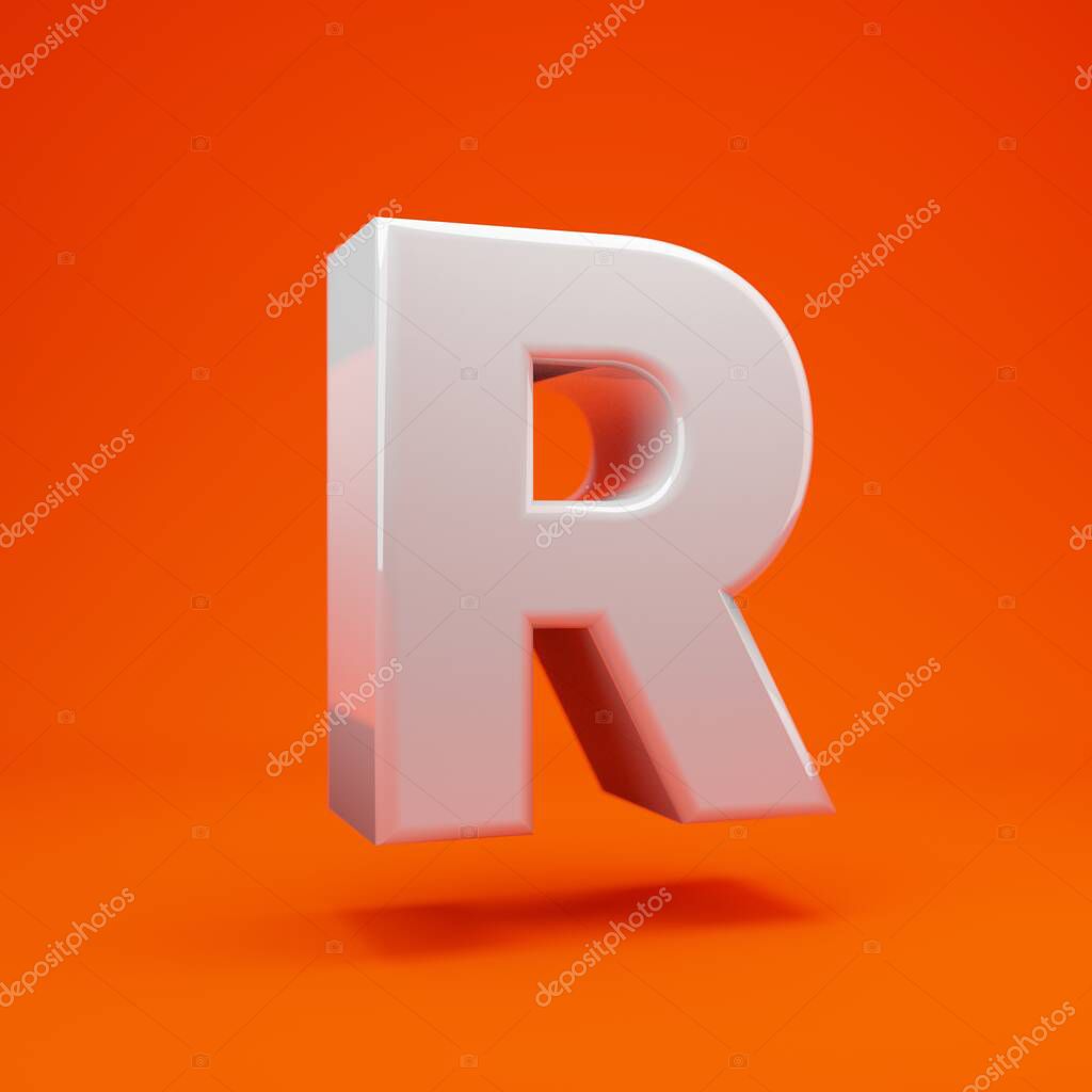 White glossy 3d letter R uppercase on hot orange background. Best for anniversary, birthday party, celebration.