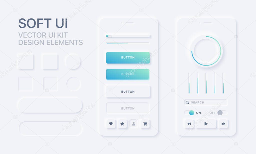 Soft UI design kit. Trendy user interface design elements. Modern application mockup, vector illustration.