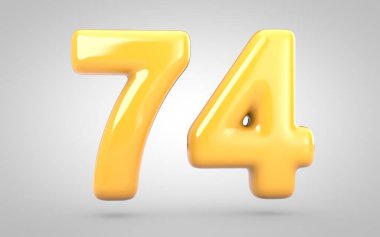 Beyaz zemin üzerinde 74 numaralı sarı baloncuk sakızı izole edildi.