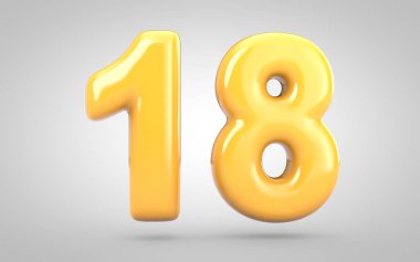 Beyaz arkaplanda 18 numaralı sarı baloncuk sakızı izole edildi.