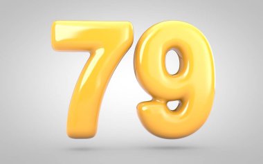 Beyaz arkaplanda 79 numaralı sarı balonlu sakız izole edilmiş..