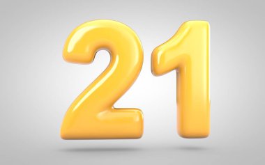 Beyaz zemin üzerinde izole edilmiş 21 numaralı sarı baloncuk sakızı.
