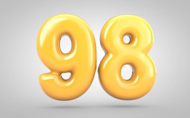 Beyaz arkaplanda 98 numaralı sarı balonlu sakız izole edilmiş..