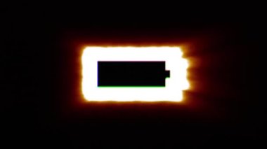 Shiny fire empty battery icon fly in center flickers with rgb spectrum colors.