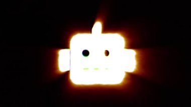 Shiny fire robot icon fly in center flickers with rgb spectrum colors.