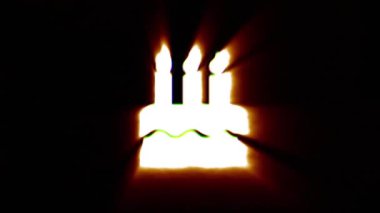 Shiny fire birthday cake icon fly in center flickers with rgb spectrum colors.