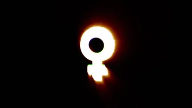 Shiny fire Venus icon fly in center flickers with rgb spectrum colors.