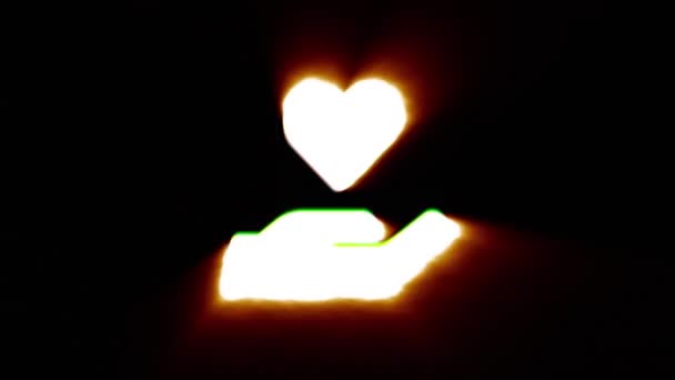 Błyszczące serce ogień w ręku ikona mucha w środku migotanie z kolorów spektrum ralnego rgb. — Wideo stockowe