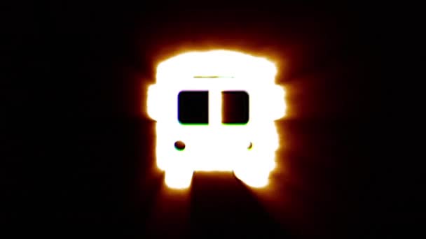 Shiny fire school bus icon fly in center flickers with rgb spectrum colors. — Stok video