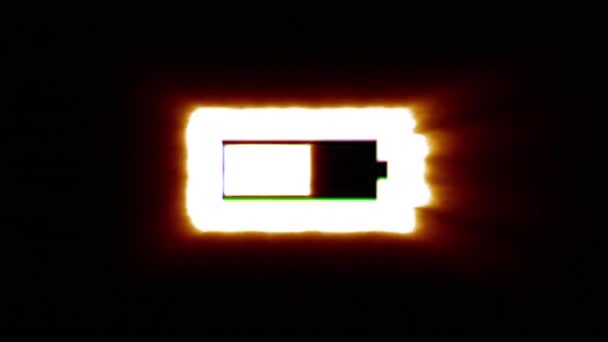 Glänsande eld halv batteri ikon flyga i mitten flimrar med rgb spektrum färger. — Stockvideo