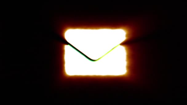 Shiny fire new mail icon fly in center flickers with rgb spectrum colors. — Stock Video