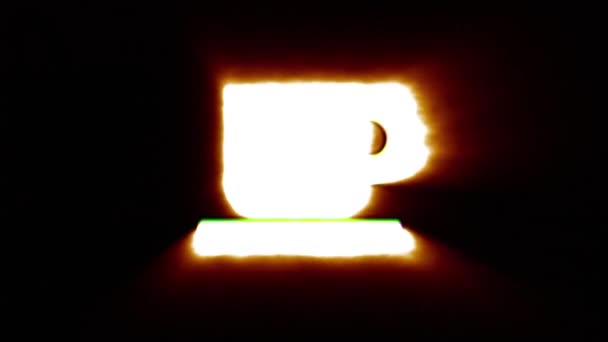 Lesklý oheň čaj pohár ikona létat ve středu bliká s rgb spektrum barev. — Stock video
