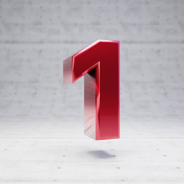 Red number 1. Metallic red color digit isolated on concrete background.