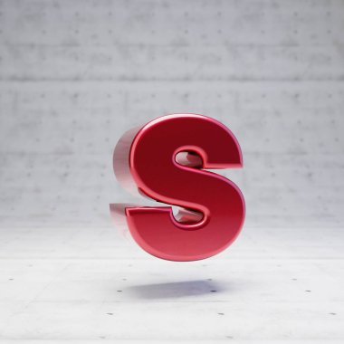 Red lowercase letter S. Metallic red color character isolated on concrete background.