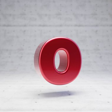 Red lowercase letter O. Metallic red color character isolated on concrete background.
