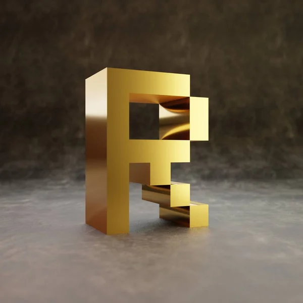 Pixelbuchstabe r Großbuchstaben. goldene Hochglanzschrift auf dunklem Lederhintergrund. — Stockfoto