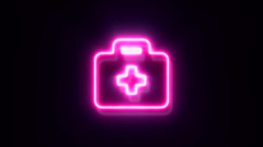 Siyah arkaplanda pembe neon ilk yardım seti sembolü.