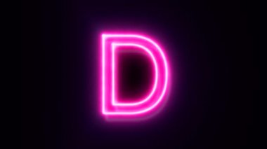 Pembe neon yazı tipi harfi d büyük harf, siyah arkaplanda canlandırılmış alfabe sembolü.