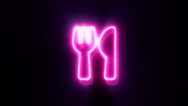 Animado Neon Rosa Comer Símbolo Fundo Preto — Vídeo de Stock