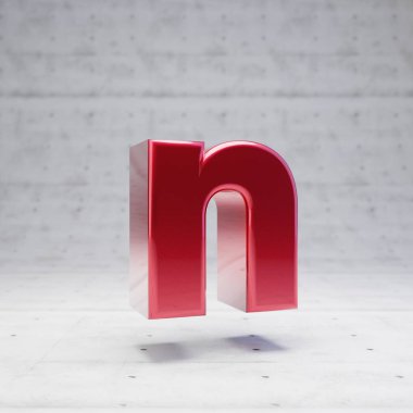 Red lowercase letter N. Metallic red color character isolated on concrete background.