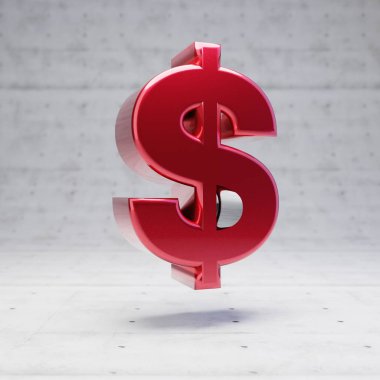 Red dollar symbol. Metallic red color character isolated on concrete background.
