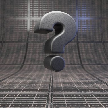 Siyah soru sembolü. Metal zeminde Dlsr kamera gövde plastik doku karakteri.