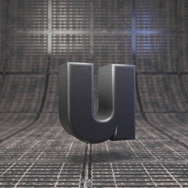 Küçük harfli siyah U harfi. Dlsr kamera gövde plastik doku alfabesi metal zemin üzerinde.
