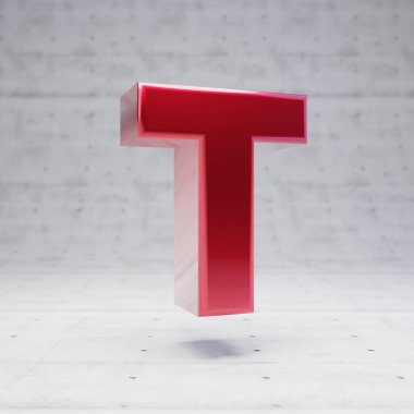 Red capital letter T. Metallic red color character isolated on concrete background.