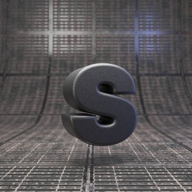 Siyah S harfi küçük harf. Dlsr kamera gövde plastik doku alfabesi metal zemin üzerinde.