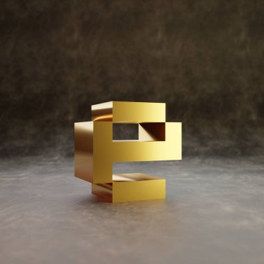 Piksel E harfi küçük harf. Koyu deri arka planda altın renkli yazı tipi.