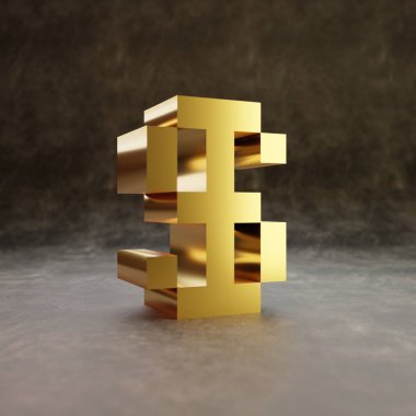 Pixel dollar symbol. Golden glossy character on dark leather background.