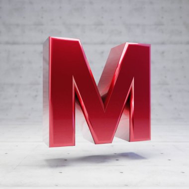 Red capital letter M. Metallic red color character isolated on concrete background.